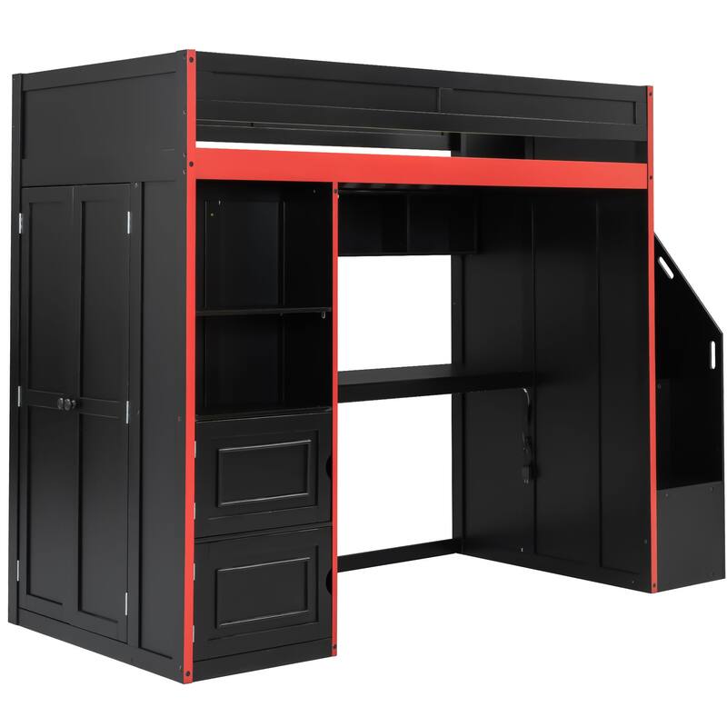 Black Gaming Loft Bed with Wardrobe, Desk, LED Lights, Cabinets and Storage Stairs