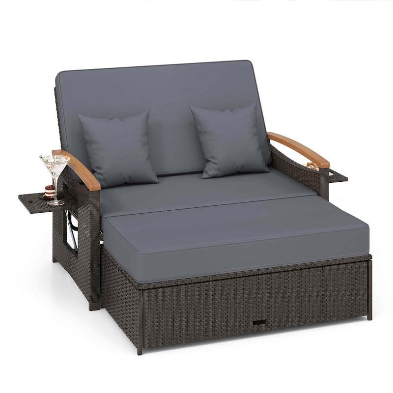 Patio Rattan Daybed Set with Cushioned Loveseat & Storage Ottoman