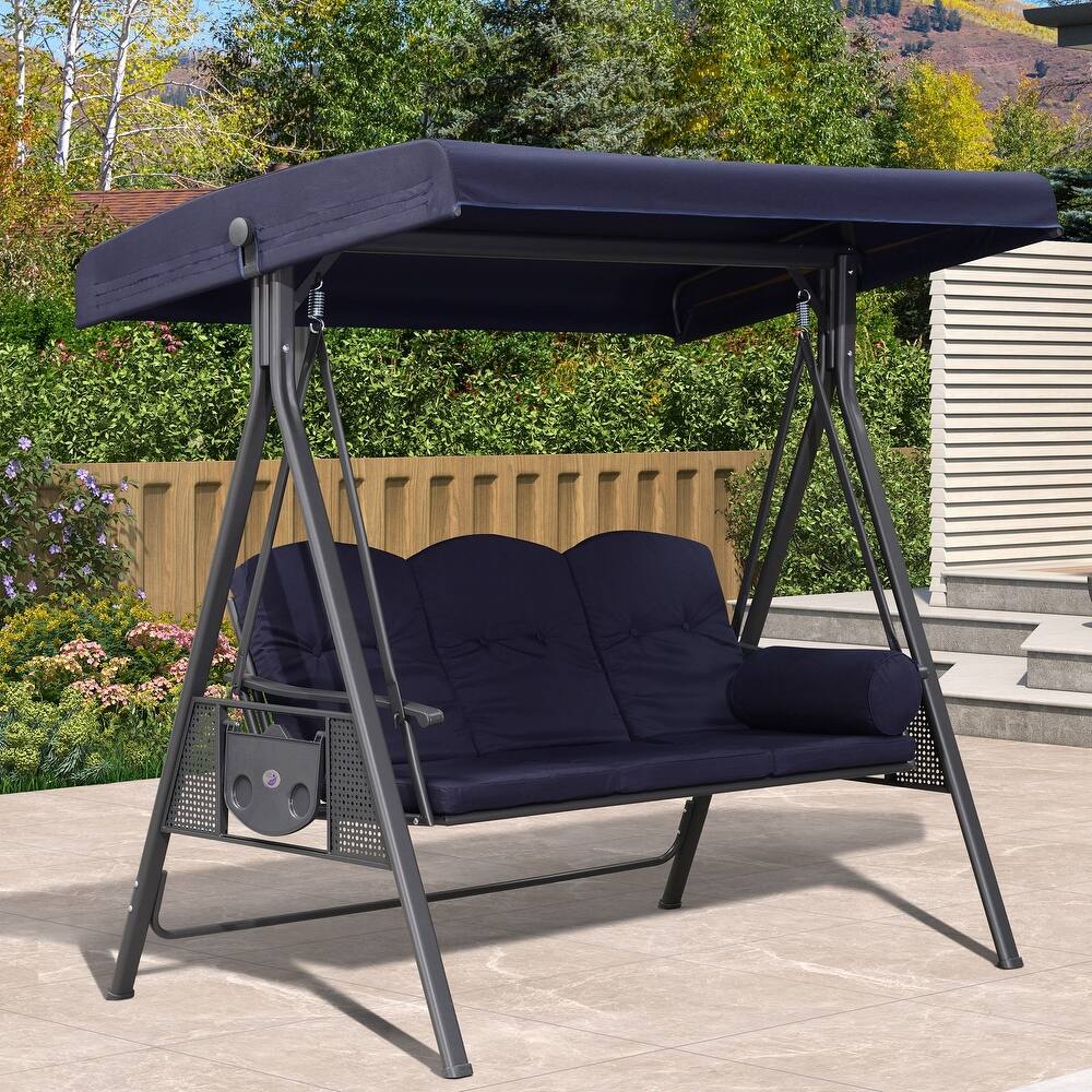 PURPLE LEAF 3-seat Outdoor Porch Swing All-Weather Steel Frame for Backyard Front Porch Lawn, Cushions and Pillow Included