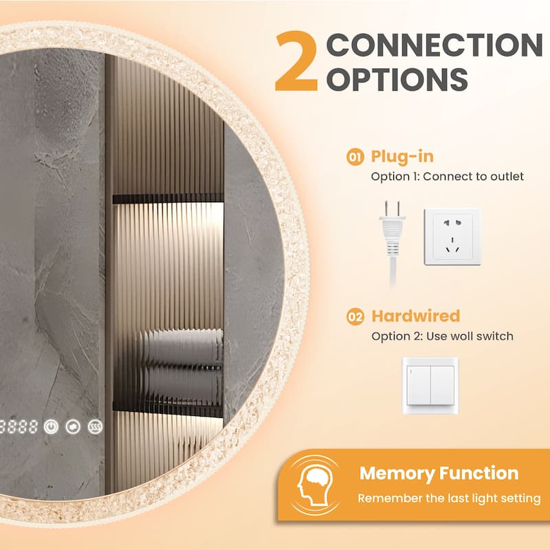 Smart Round Bathroom Mirror with LED Ring Light, Touchscreen, Anti-Fog, and Dimmable Brightness