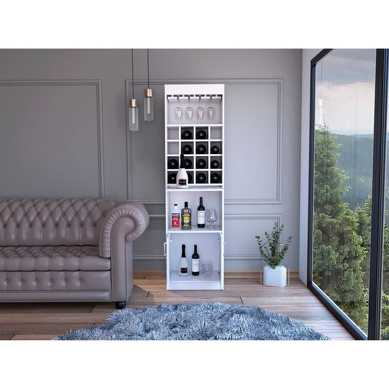 TUHOME Kava Bar Cabinet with 16 Wine Cubbies, 12 Glass Racks, 1 Shelf, Concealable Serving Tray, and Double Door - N/A
