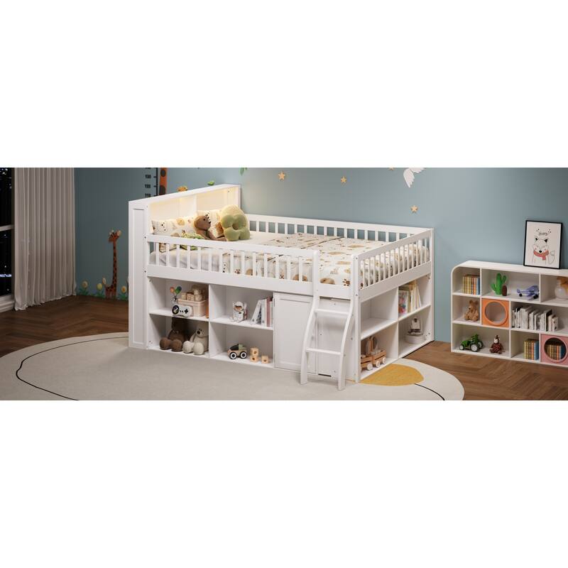 Roomfitters Full/Queen Loft Bed with Storage Shelves and LED Headboard