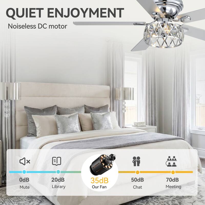 52 inch 5-Blade Flush Mount Crystal Ceiling Fan with Light Remote