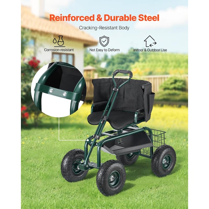 Green and Black Steel Rolling Garden Cart with Inflatable Tires, Adjustable Handle and 360 Seat