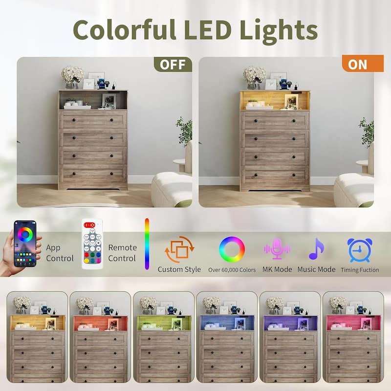 4 Drawer Dresser for Bedroom with Charging Station & LED Lights