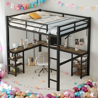 Full Size Loft Bed with Desk and Shelves with Ladder and Guardrails for Home
