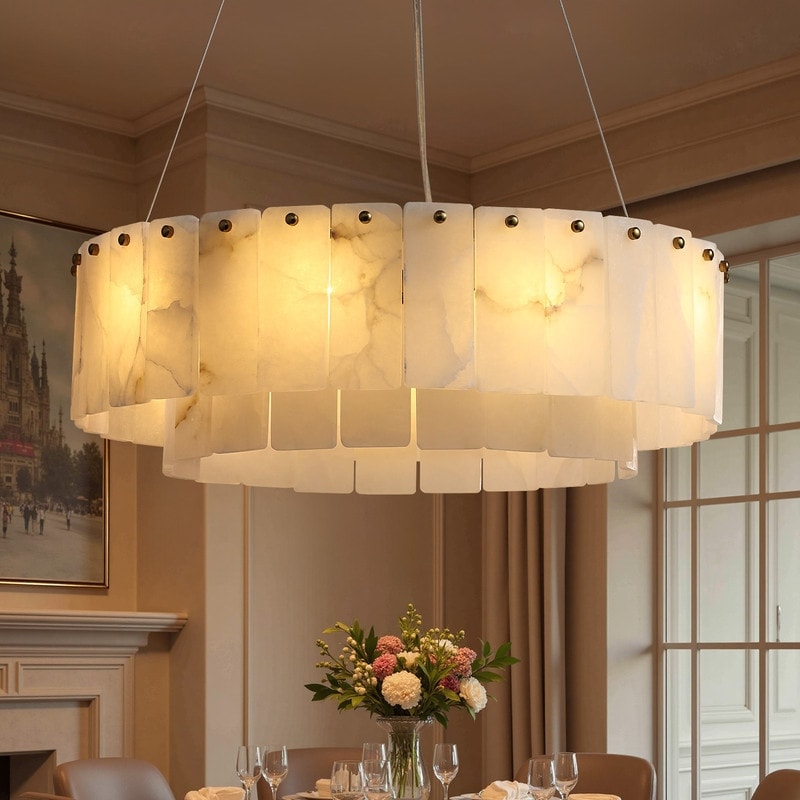 24 in. Alabaster Modern Chandeliers 9-Light Round Natural Marble Chandelier Pendant Light Fixture for Dining Room Kitchen