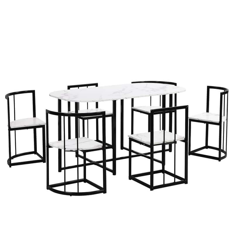 Mid-Century 7-Piece Dining Table Set for 6 People, Kitchen Dining Room Table Set with Faux Marble Dining Table and 6 Chairs