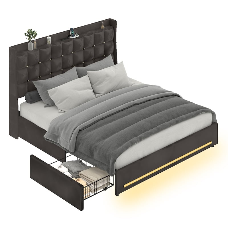 Moasis King Size Velvet Platform Bed with 4 Drawers RGB Lights and Charging Station No Box Spring Needed