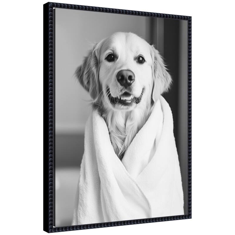 Kate and Laurel Sylvie Golden Retriever Bathroom Towel Robe Black and White Framed Canvas by The Creative Bunch Studio - 18x24 - Black