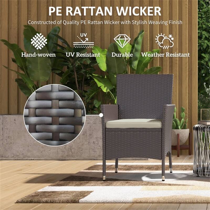 Dark Coffee Wicker Rattan Chairs with Cream Cushions, Set of 2 - 24.5" W x 24.75" D x 34.75" H