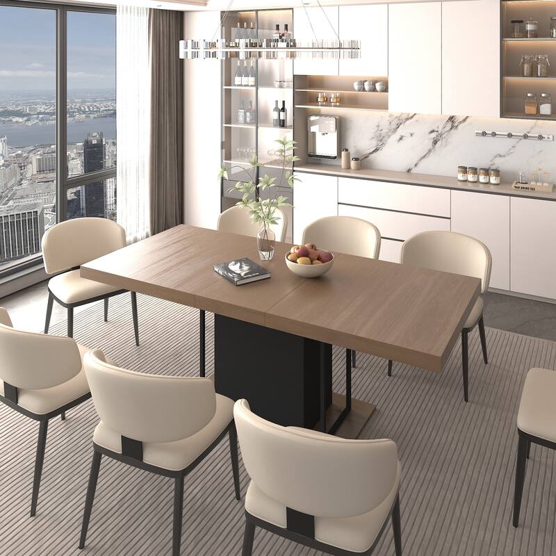 Extendable Dining Table, Wood Kitchen Table for 6-10 People, Large Home Office Table with Thick Top & Wide Feet