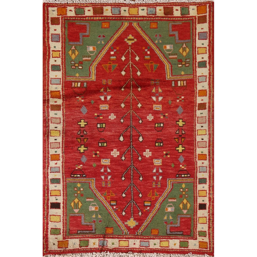 Geometric Red Abadeh Persian Vintage Area Rug Handmade Wool Carpet - 2'3"x 3'6"