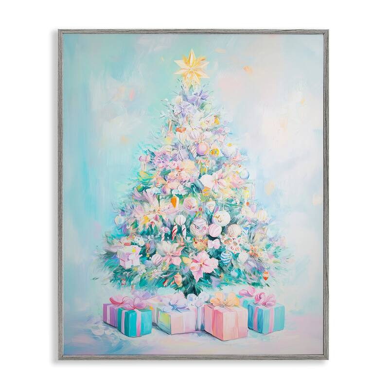 Stupell Pastel Christmas Tree on Blue Framed Giclee Art Design By Arlington Prints - 24 x 30 - Grey
