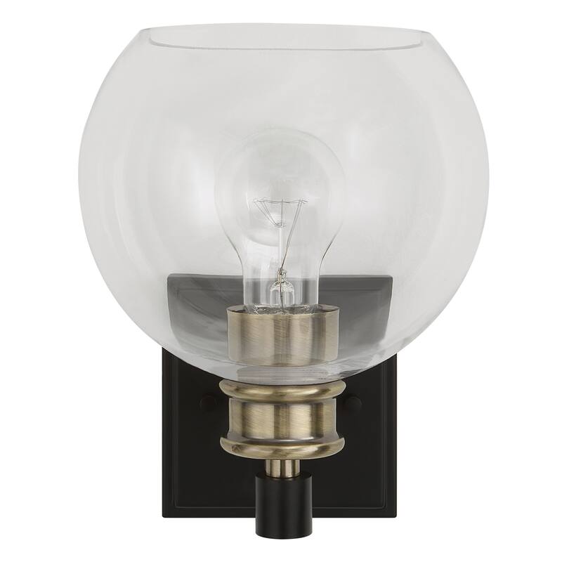1-Light Wall Sconce with Round Glass Shades - 9.25" - Black and Antique Brass