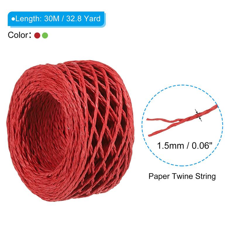 4 Rolls Raffia Ribbon, Paper Twine String - Red, Green - 32.8 Yard