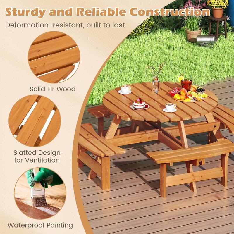 Costway 8-Person Round Picnic Table Set with 4 Built-in Benches 2" - See Details