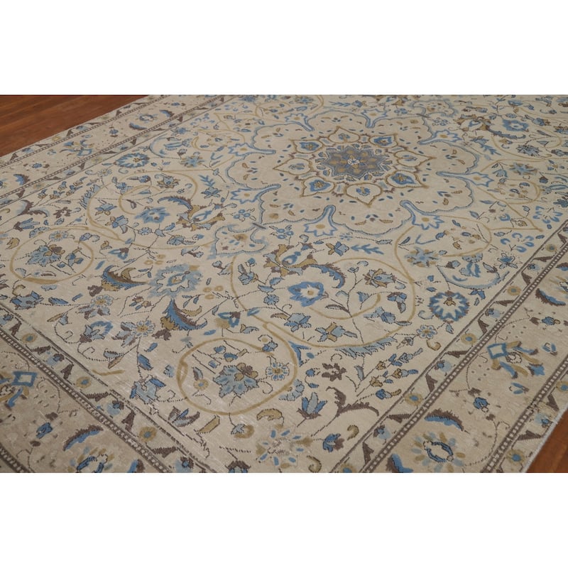 Floral Tabriz Persian Area Rug Beige Floral Handmade Wool Carpet - 7'2"x 10'5"