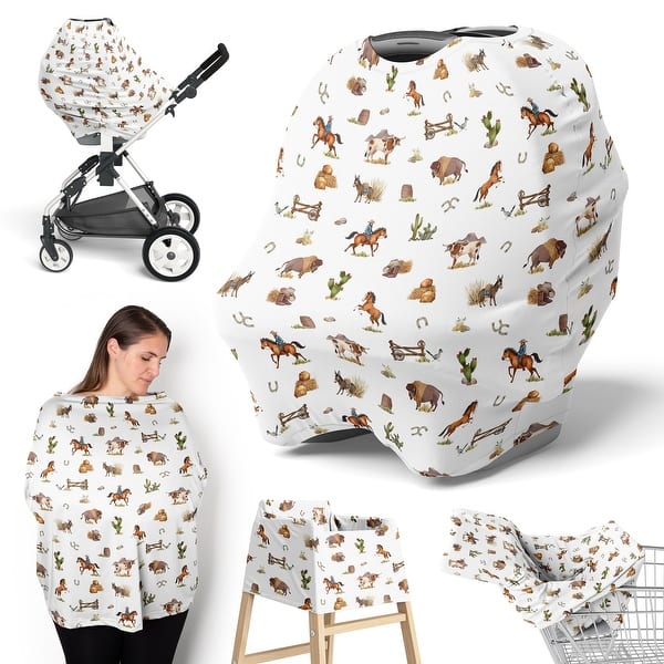 slide 2 of 6, Sweet Jojo Designs Western Cowboy Boy 5 in 1 Baby Car Seat and Nursing Cover Wild West Southern Horse Steer Cow Farm Animal Tan