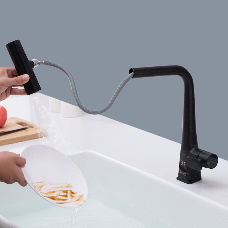 Modern 360°Rotating Waterfall Kitchen Faucet with Temperature Display & Pull Down Sprayer