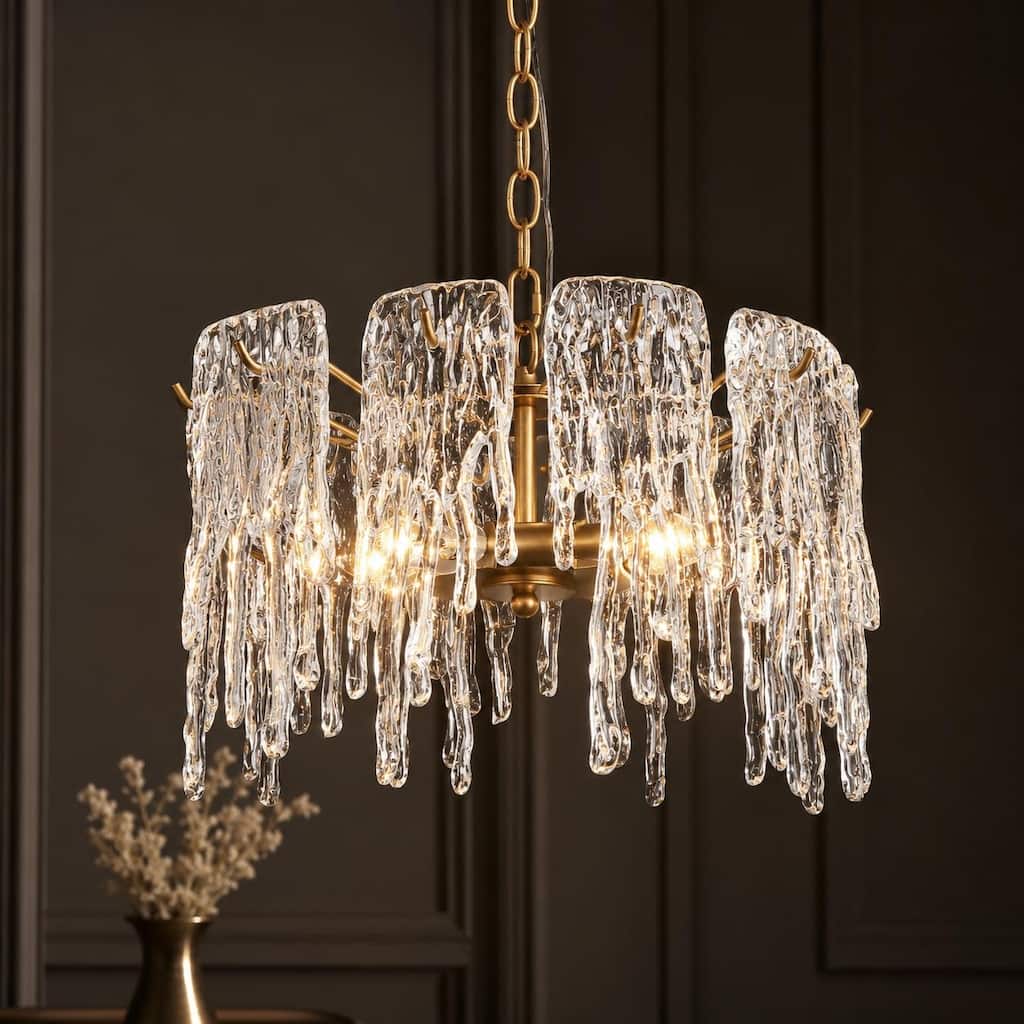 LALUZ Modern Glam 3-Light Gold Drum Chandelier Glass Pendant for Dining Room