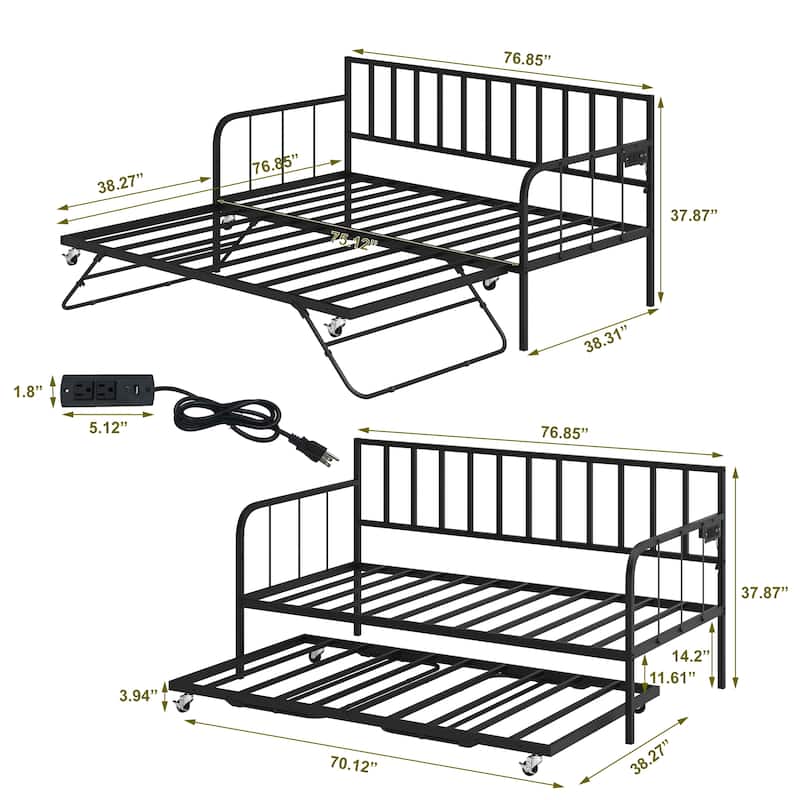 Twin Daybed with Trundle, Metal Trundle Bed, Sofa Bed Frame with Heavy Duty Metal Slats Sppports, Space Saving