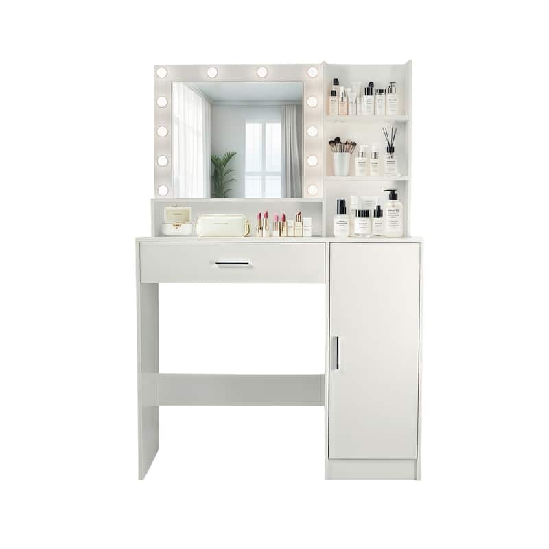 Vanity Desk with Mirror and Lights, Makeup Vanity with Drawer & Storage Cabinet, Adjustable Brightness, with Open Shelves