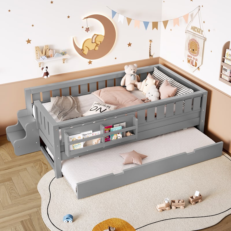 Roomfitters Floor Bed with Bookshelf and Trundle, Low Profile Frame with Step Entry