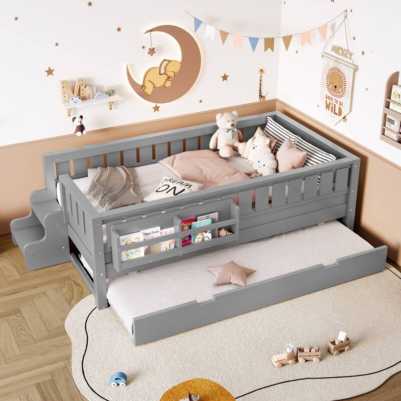 Twin with Built-in Bookshelves and Small Staircase, High-Quality Safety Rails, and Trundle