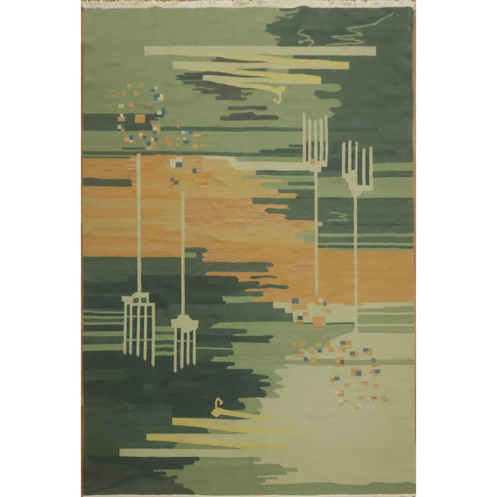 Hand Woven Oriental 100% Wool Carpet Modern Contemporary Green Kilim Area Rug - 8' 9'' X 5' 11''