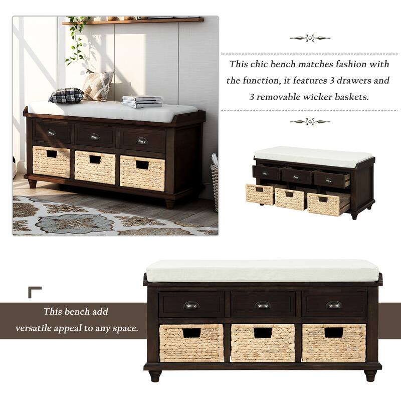 Entryway Storage Bench Rustic Storage Bench with 3 Drawers and 3 Rattan