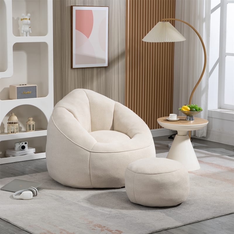 High Pressure Foam Bean Bag Sofa Chair With Ottoman - Beige
