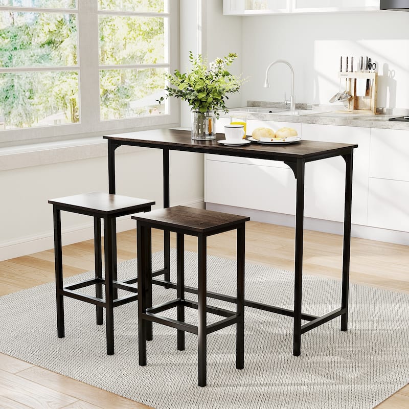 Space-Saving 3-Piece Counter Height Dining Table with 2 Stools for Home Bar or Breakfast Nooks - Grey-Black