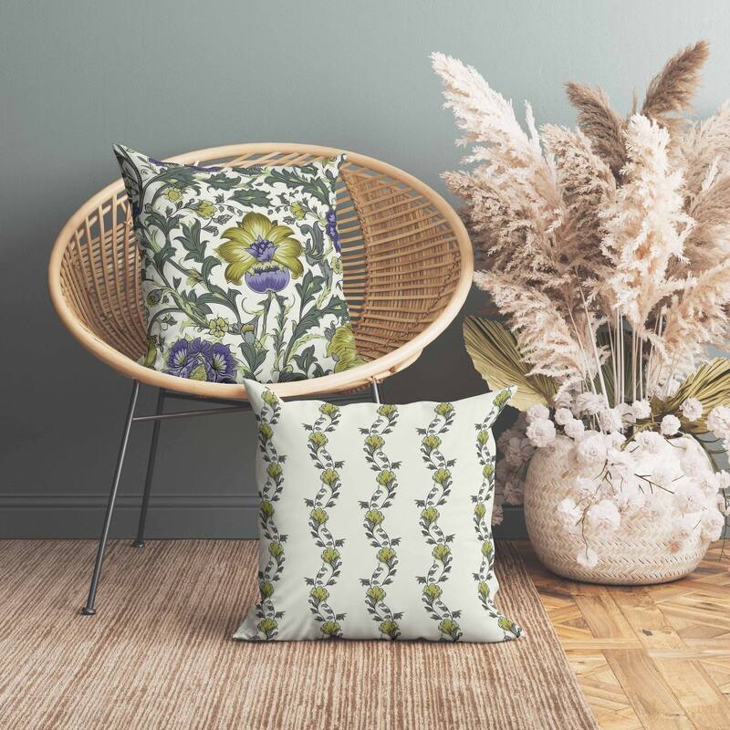 Mughal Era Garden Treasures Indoor/Outdoor Reversible Throw Pillow Mossgreen and Purple