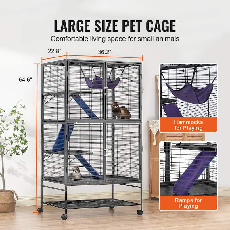 Black Iron & Plastic Ferret Cage with Hammock, Ramps & Storage Shelf - 36.2"x22.8"x64.6"