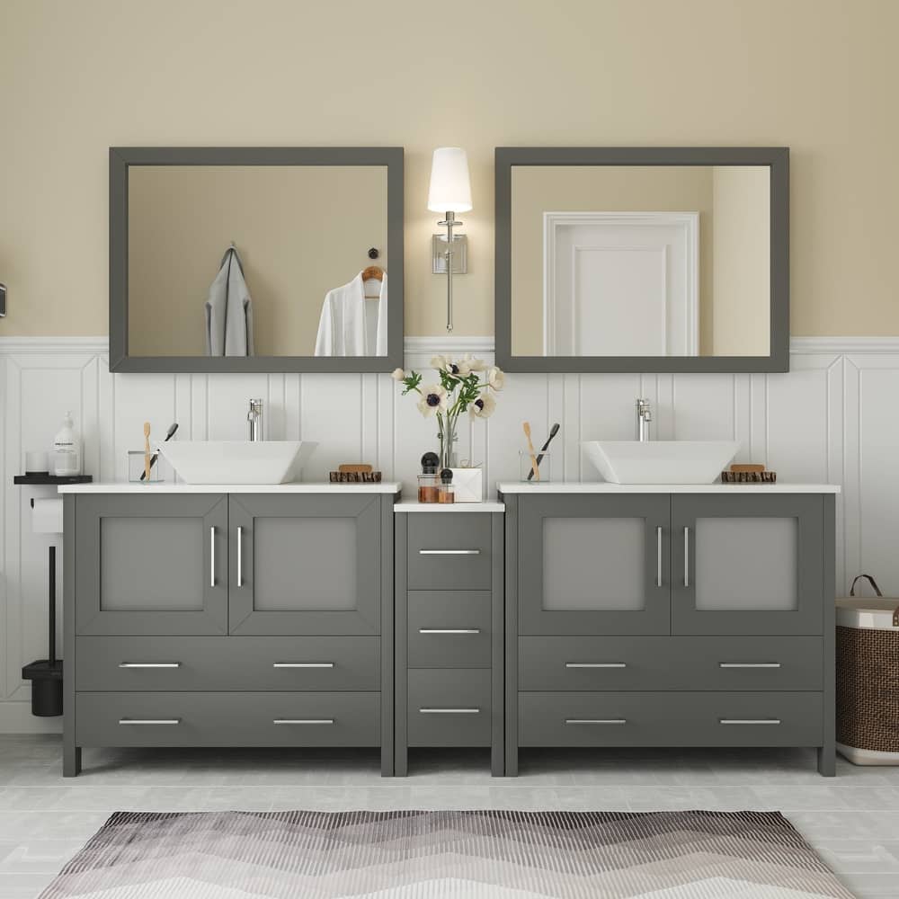Vanity Art 84" Double Sink Bathroom Vanity Set with Engineered Marble Top and Free Mirrors