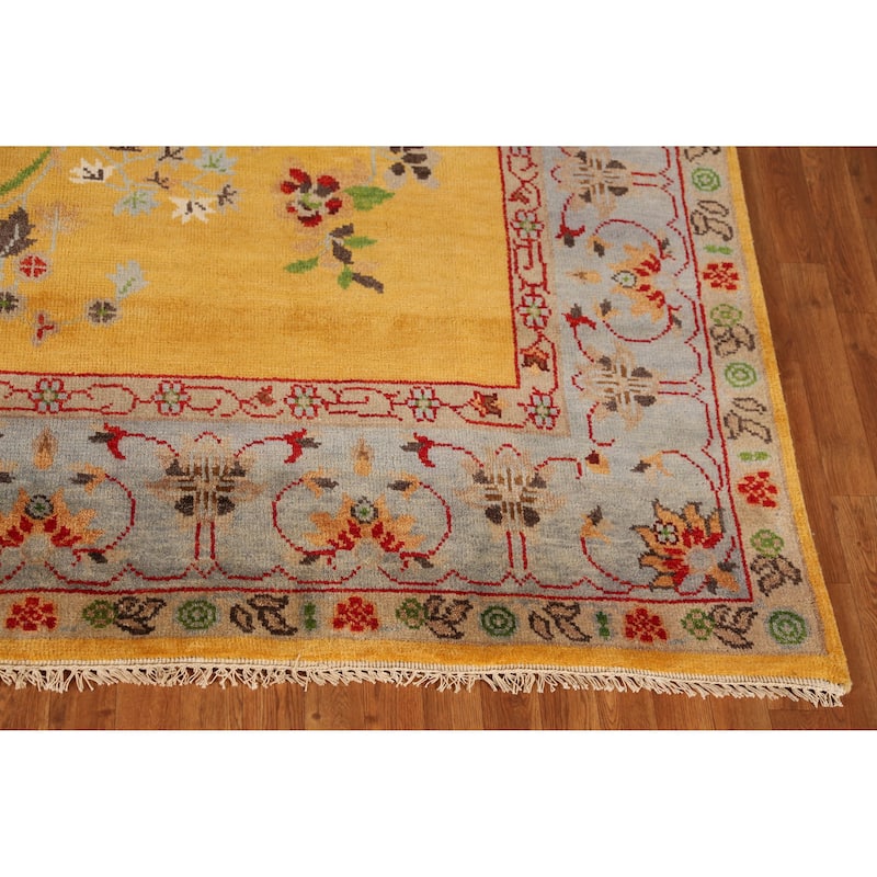Floral Yellow Heriz Serapi Indian Area Rug Hand-Knotted Wool Carpet - 7'9" x 9'11"