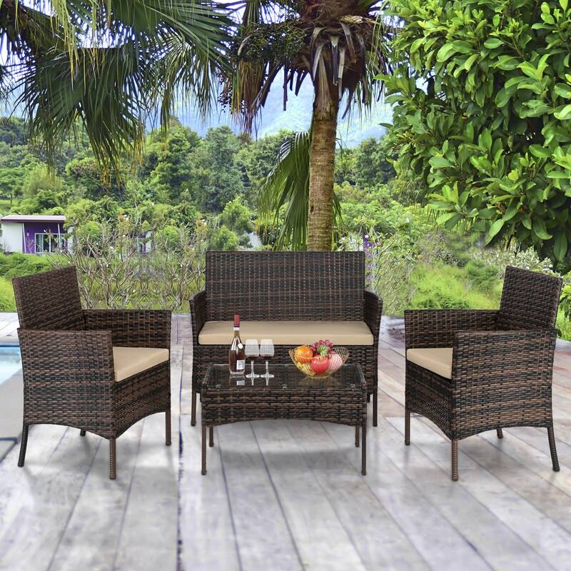 4-Pieces Patio Furniture Sets Rattan Wicker Conversation Set
