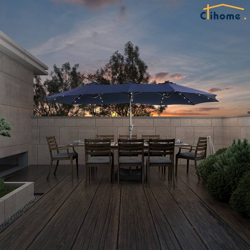 Clihome 15FT Double-Sided Solar Light Market Crank Umbrella with Base