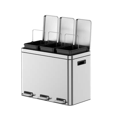 12 Gallons Rectangular Recycling Trash Can with 3 Compartments, Silver