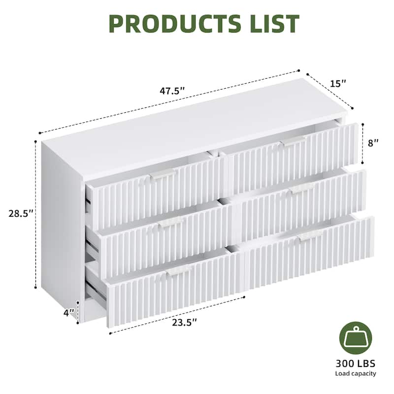 47" Wide Fluted 6 Drawers Dresser, Curved Profile Design Dresser