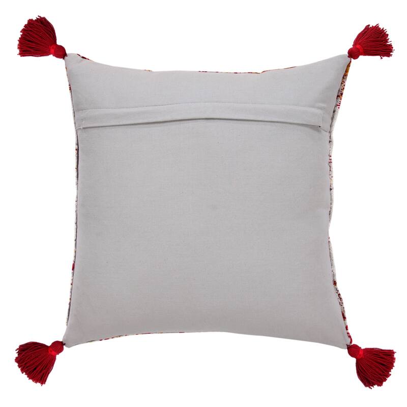 18" Red And Silver Abstract Geometric Viscose Throw Pillow Cover with Tassels
