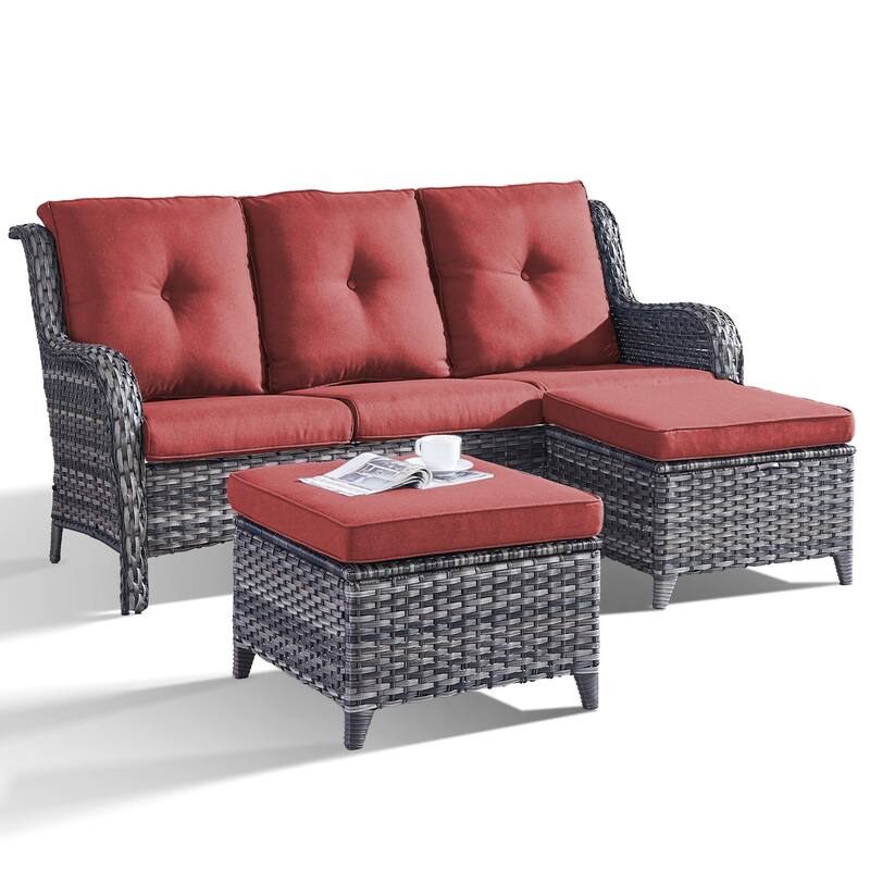 Outdoor 3-Piece Sofa with Ottomans Grey-Red - Grey