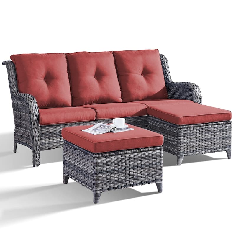 Pocassy 3-Piece Outdoor Wicker Sofa Set with Ottoman - Grey/Red