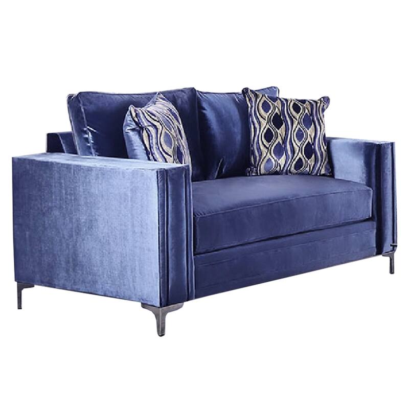 Odie Sofa Loveseat Set, 6 Throw PIllows, Satin Blue Silver Microfiber