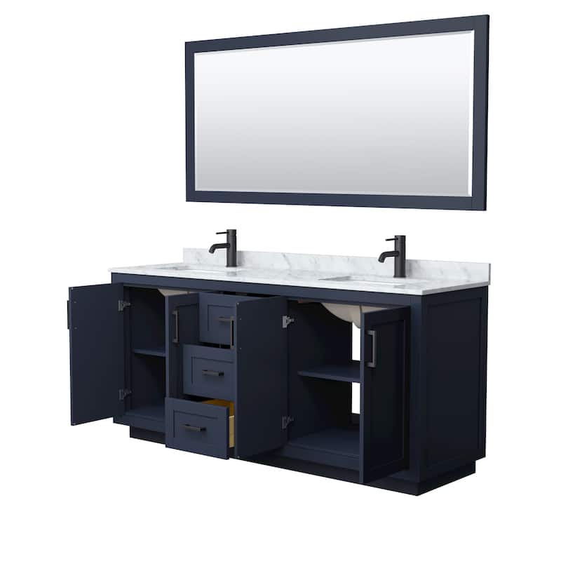 Miranda Double Vanity Set, White Carrara Marble Top, 70-Inch Mirror