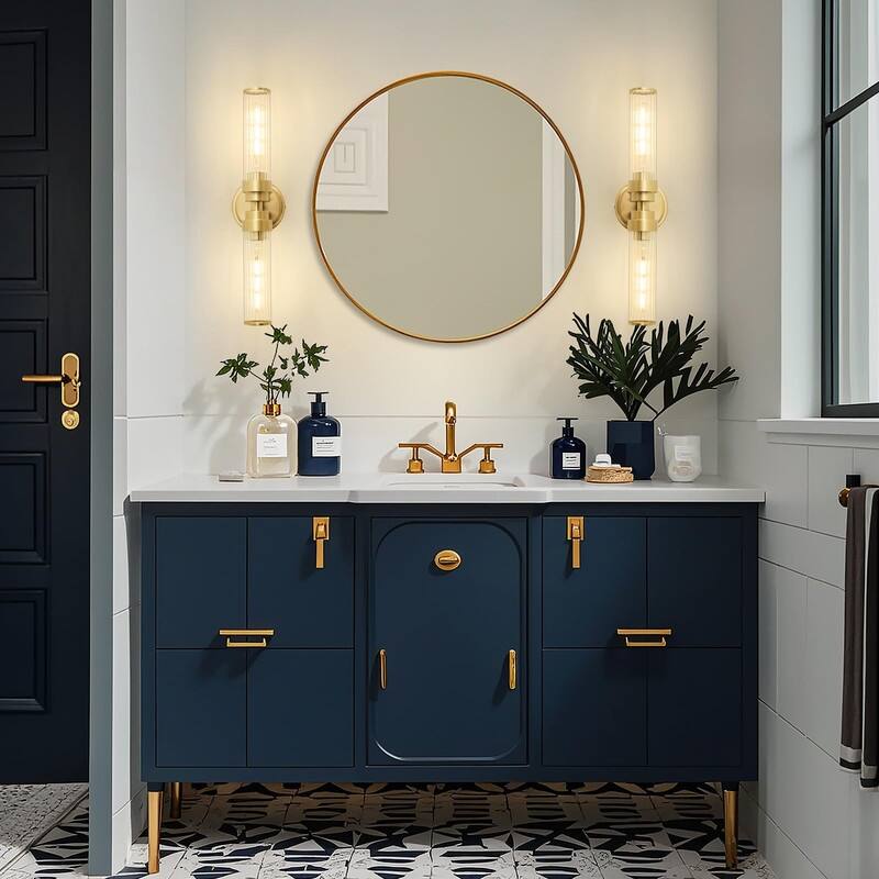 Bathroom Light Fixtures, Gold Wall Sconce in Threaded Glass Vanity Lights 2 Pack - 2 Pack-Gold Threaded Glass