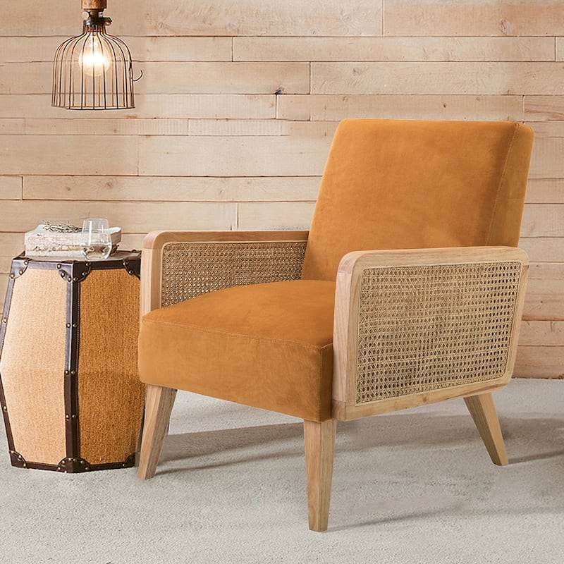 Carmina Upholstered Accent Chair with Natural Rattan Arms by HULALA HOME - Yellow