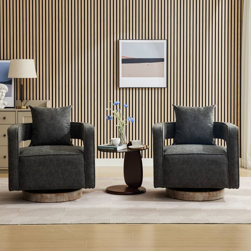 Modern Swivel Chair,PU leather Barrel Chair with Wooden Base and pillow