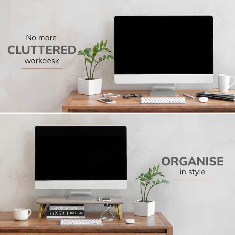 Jani Wood Monitor Stand Riser Desk - Ergonomic Design Stand, Desktop Organizer Table for Home, Office Workspace, Gaming Desk